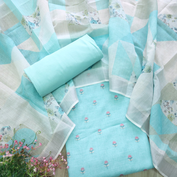 Deedar Sea Green Floral Embroidery Buti Work Cotton Linen Suit Set