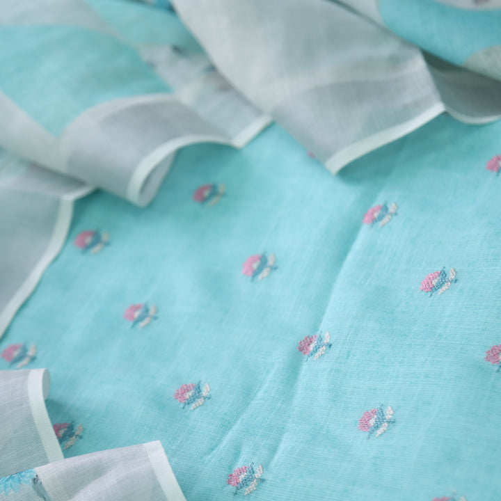 Deedar Sea Green Floral Embroidery Buti Work Cotton Linen Suit Set