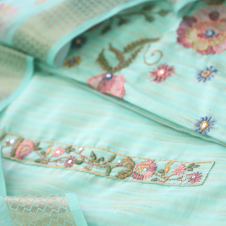 Ittar Ocean Green Thread with Zari Work Floral Print Chanderi Suit Set
