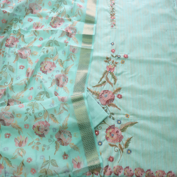Ittar Ocean Green Thread with Zari Work Floral Print Chanderi Suit Set