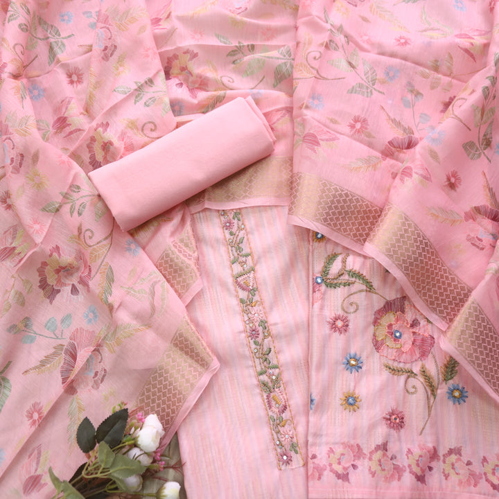 Ittar Blush Pink Thread with Zari Work Floral Print Chanderi Suit Set