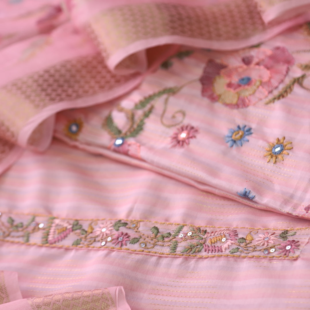 Ittar Blush Pink Thread with Zari Work Floral Print Chanderi Suit Set