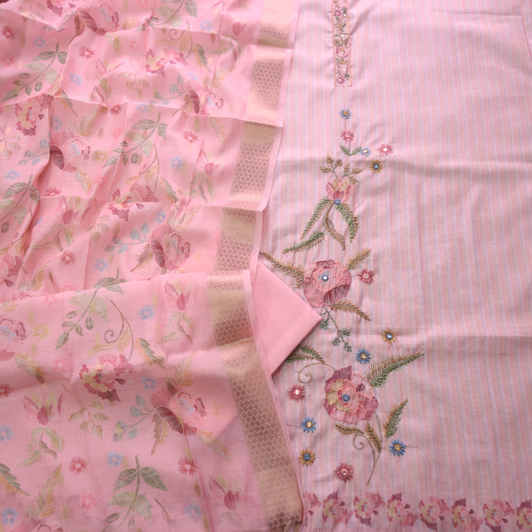 Ittar Blush Pink Thread with Zari Work Floral Print Chanderi Suit Set