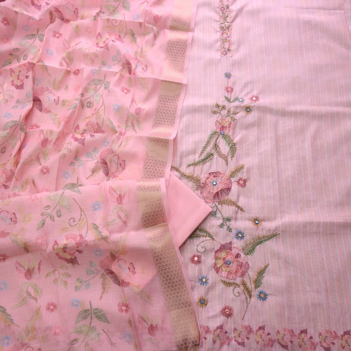 Ittar Blush Pink Thread with Zari Work Floral Print Chanderi Suit Set