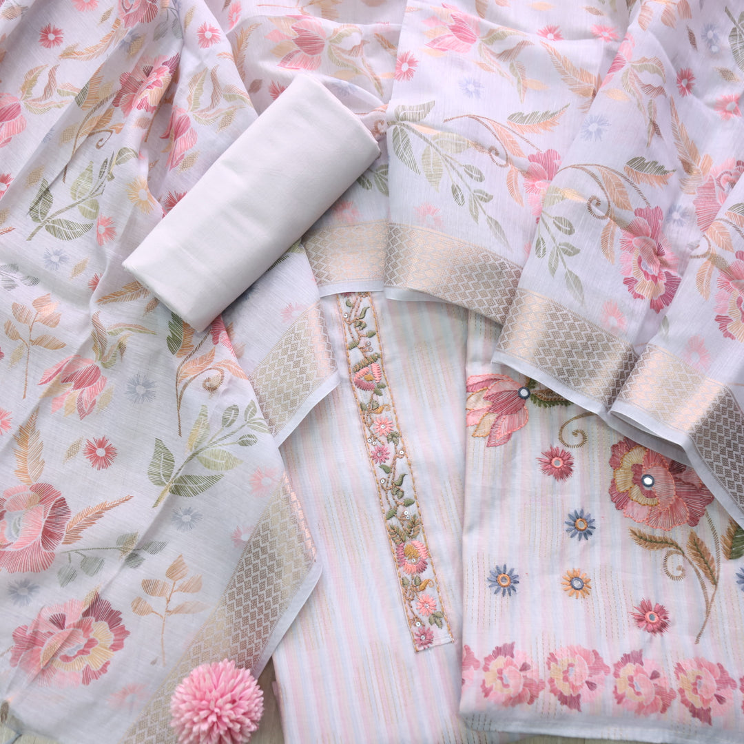 Ittar Tan Beige Thread with Zari Work Floral Print Chanderi Suit Set