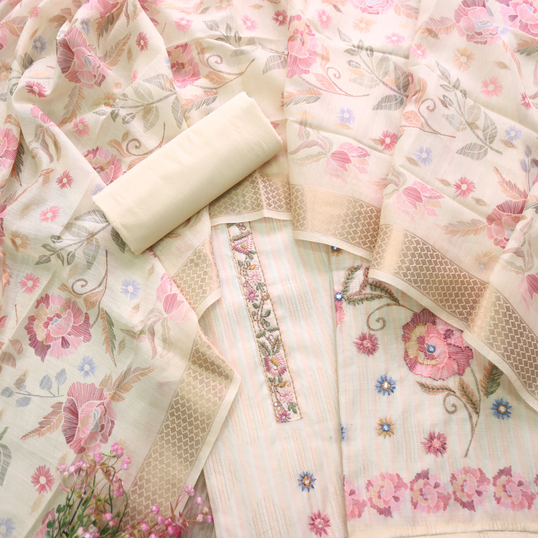 Ittar Frosty Yellow Thread with Zari Work Floral Print Chanderi Suit Set