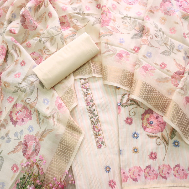 Ittar Frosty Yellow Thread with Zari Work Floral Print Chanderi Suit Set