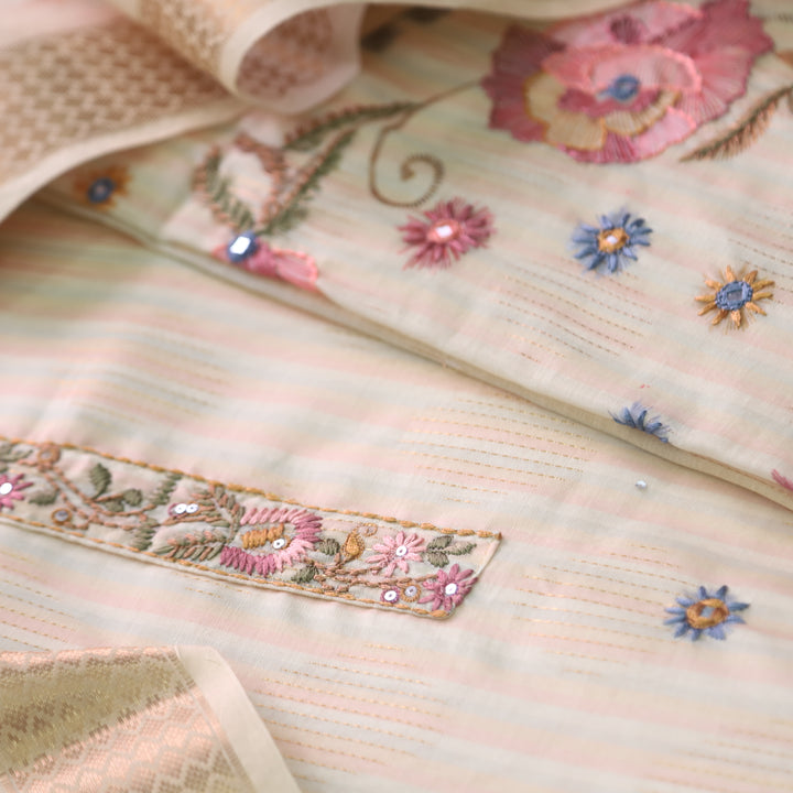 Ittar Frosty Yellow Thread with Zari Work Floral Print Chanderi Suit Set
