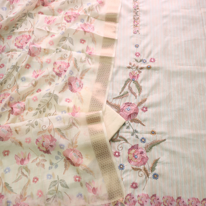 Ittar Frosty Yellow Thread with Zari Work Floral Print Chanderi Suit Set