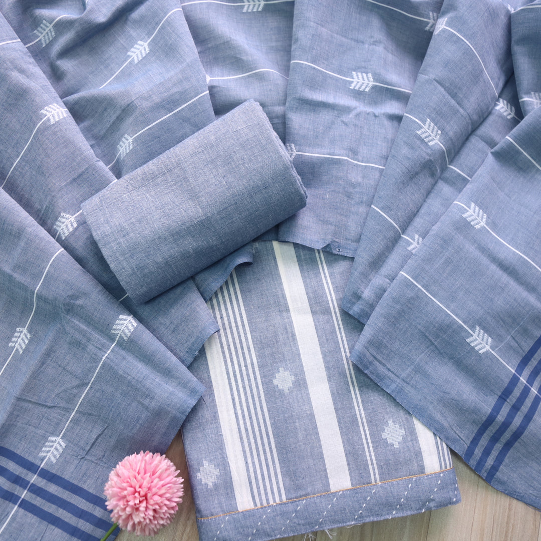 Madhubala Faded Grey All Over Thread Weaved Handloom Cotton Suit Set