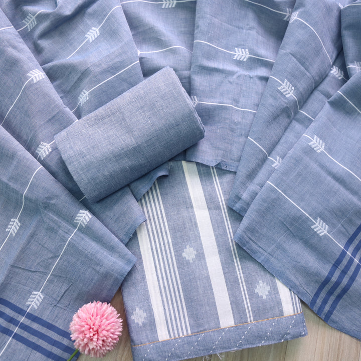 Madhubala Faded Grey All Over Thread Weaved Handloom Cotton Suit Set