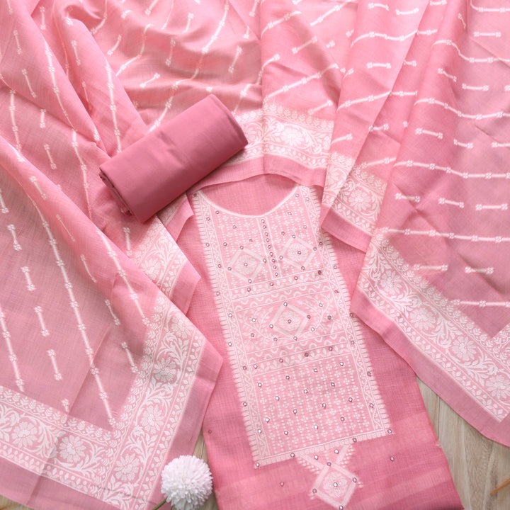 Jamdani Blink Pink Patra Neck Work Jamdani Weaved Suit Set