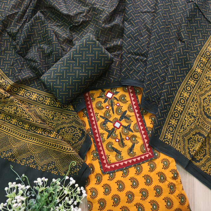 Rushna Sun Yellow Ajrak Print Mirror Neck Work Cotton Suit Set