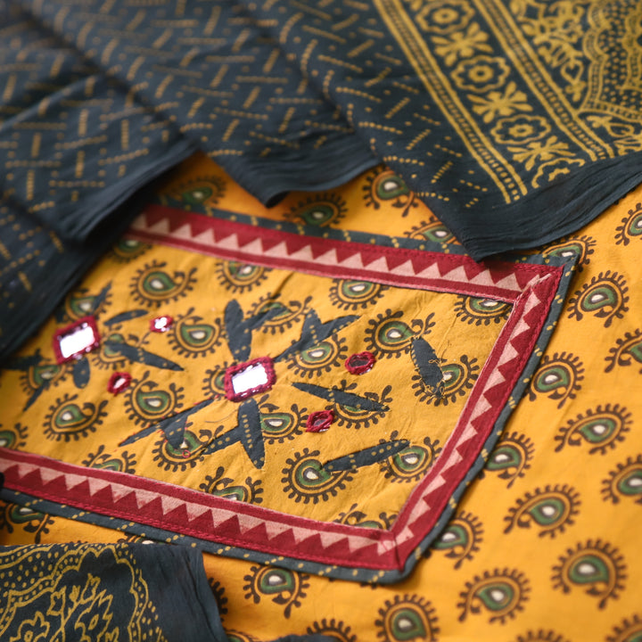Rushna Sun Yellow Ajrak Print Mirror Neck Work Cotton Suit Set