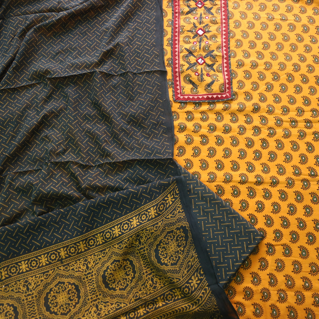 Rushna Sun Yellow Ajrak Print Mirror Neck Work Cotton Suit Set