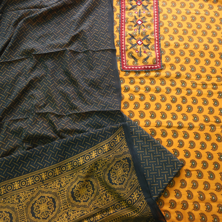 Rushna Sun Yellow Ajrak Print Mirror Neck Work Cotton Suit Set