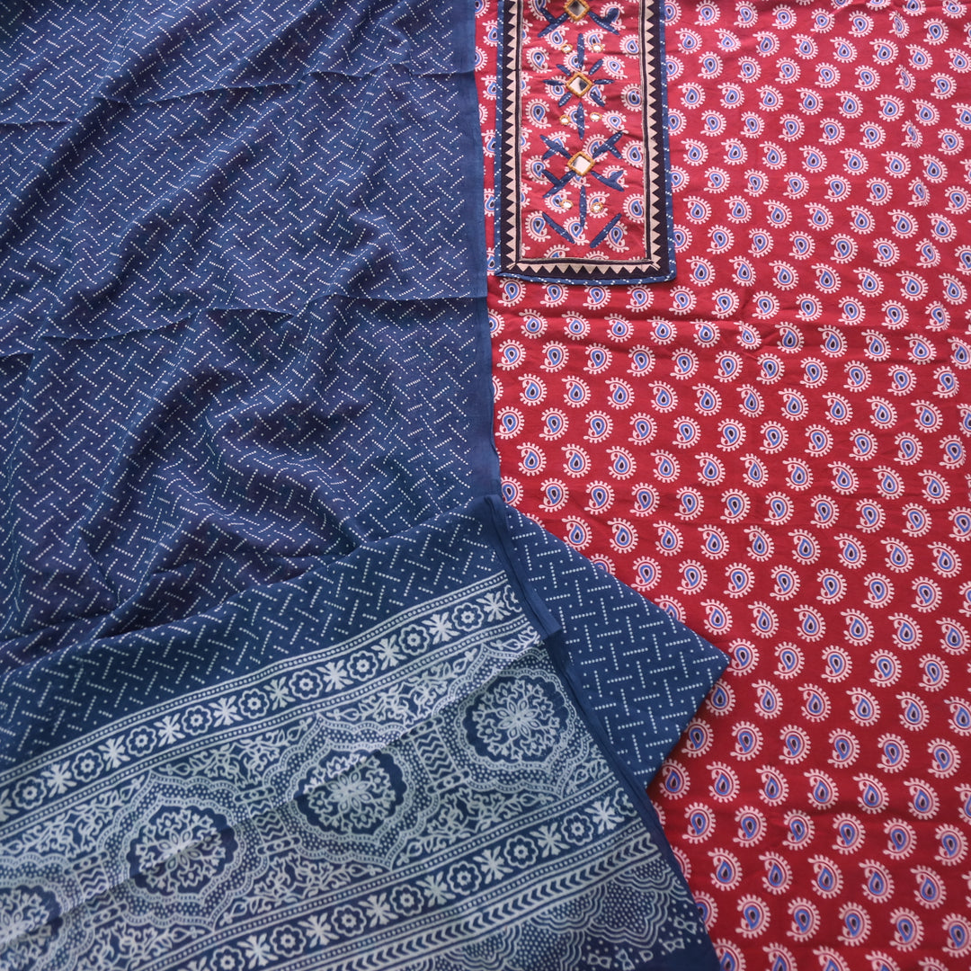 Rushna Berry Red Ajrak Print Mirror Neck Work Cotton Suit Set