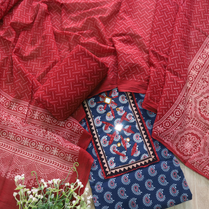 Rushna Rise Blue Ajrak Print Mirror Neck Work Cotton Suit Set