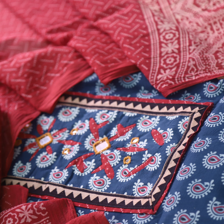 Rushna Rise Blue Ajrak Print Mirror Neck Work Cotton Suit Set
