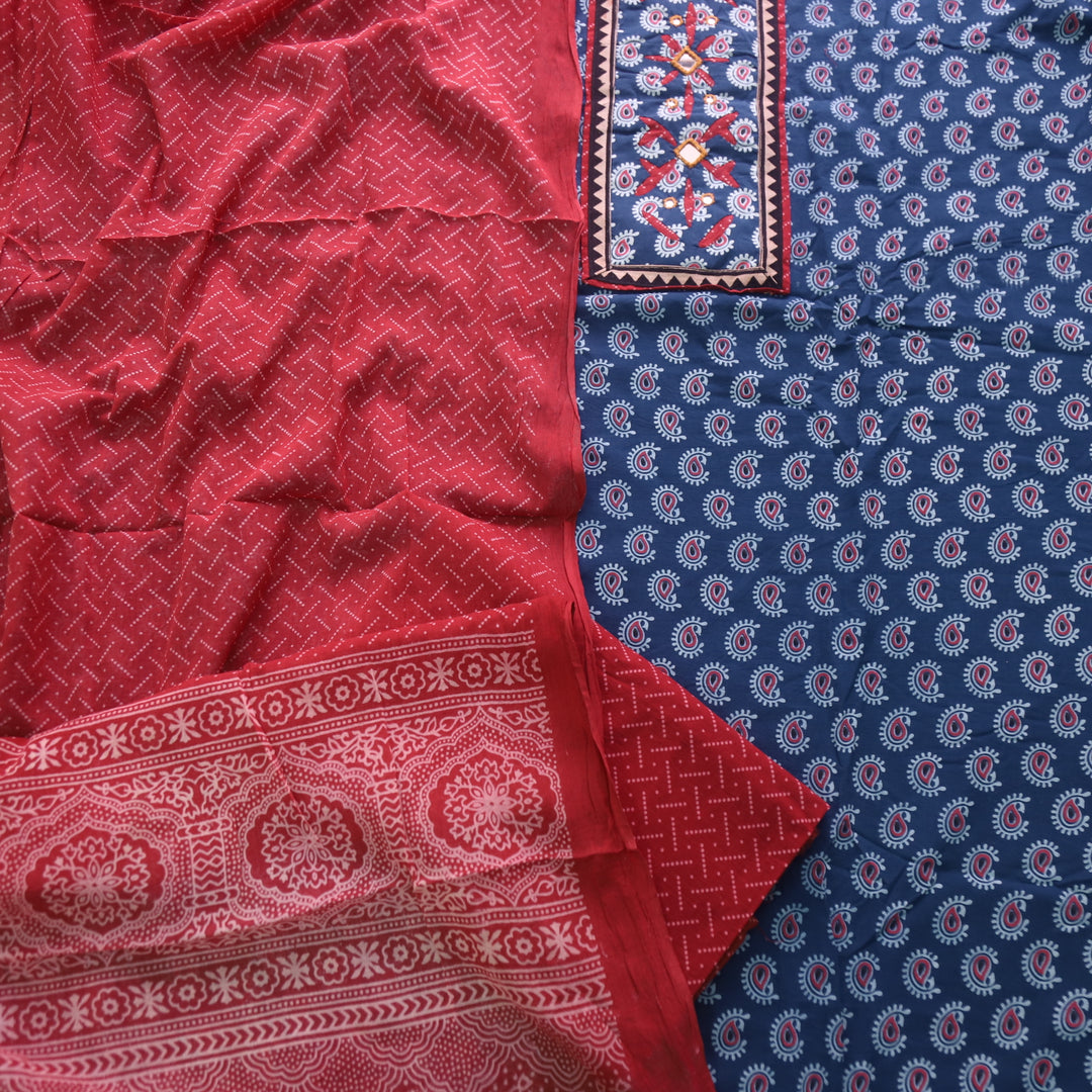 Rushna Rise Blue Ajrak Print Mirror Neck Work Cotton Suit Set