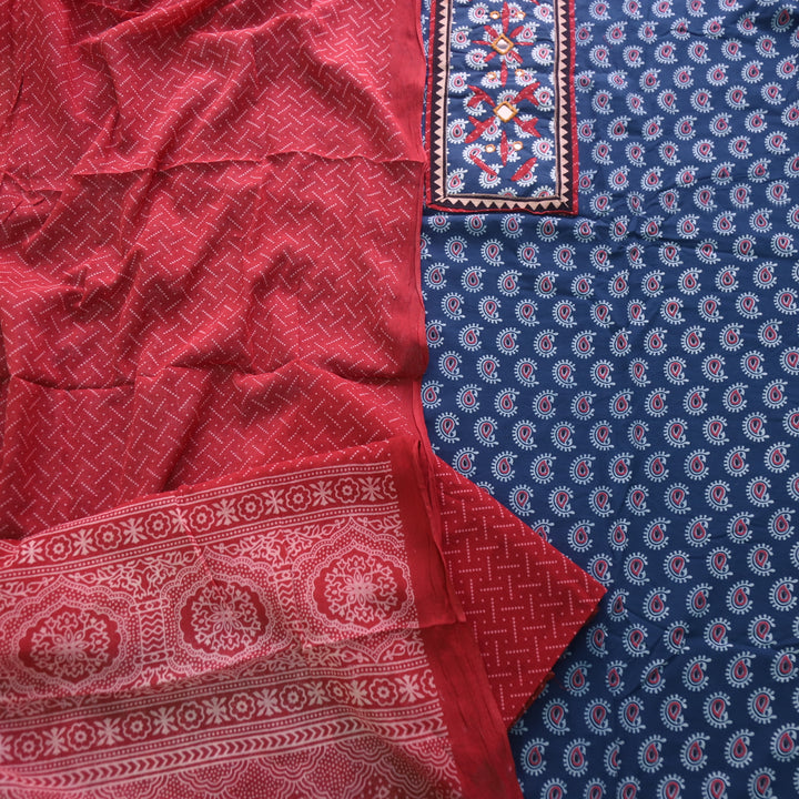 Rushna Rise Blue Ajrak Print Mirror Neck Work Cotton Suit Set