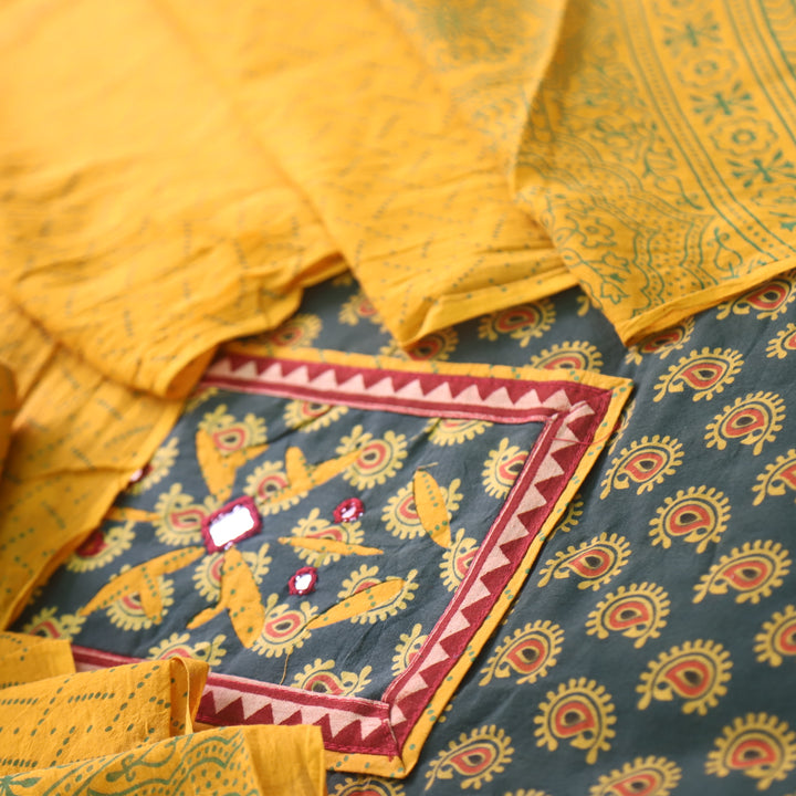 Rushna Sacramento Green Ajrak Print Mirror Neck Work Cotton Suit Set