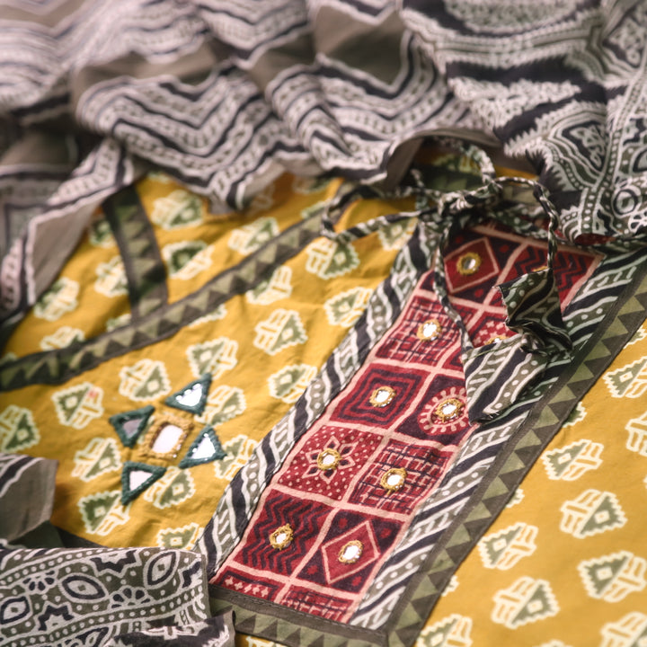 Rushna Turmeric Yellow Mirror Work Ajrak Printed Angrakha Cotton Suit Set