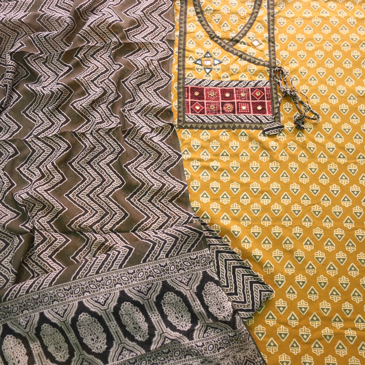 Rushna Turmeric Yellow Mirror Work Ajrak Printed Angrakha Cotton Suit Set