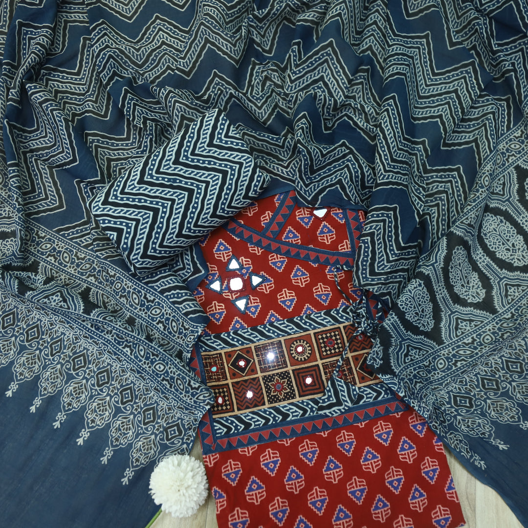 Rushna Crimson Red Mirror Work Ajrak Printed Angrakha Cotton Suit Set