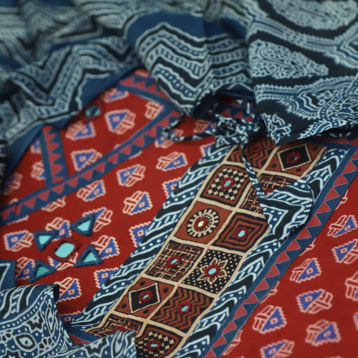 Rushna Crimson Red Mirror Work Ajrak Printed Angrakha Cotton Suit Set