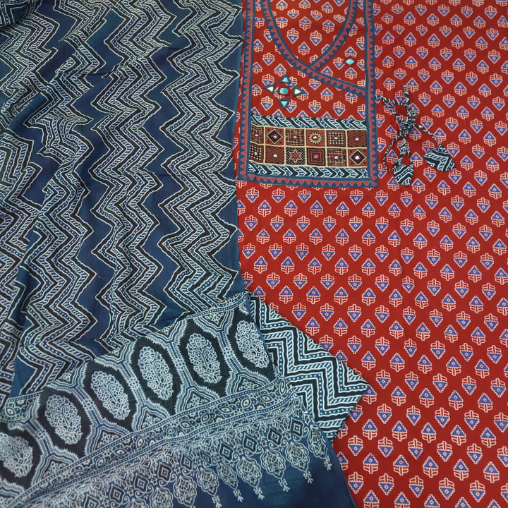 Rushna Crimson Red Mirror Work Ajrak Printed Angrakha Cotton Suit Set