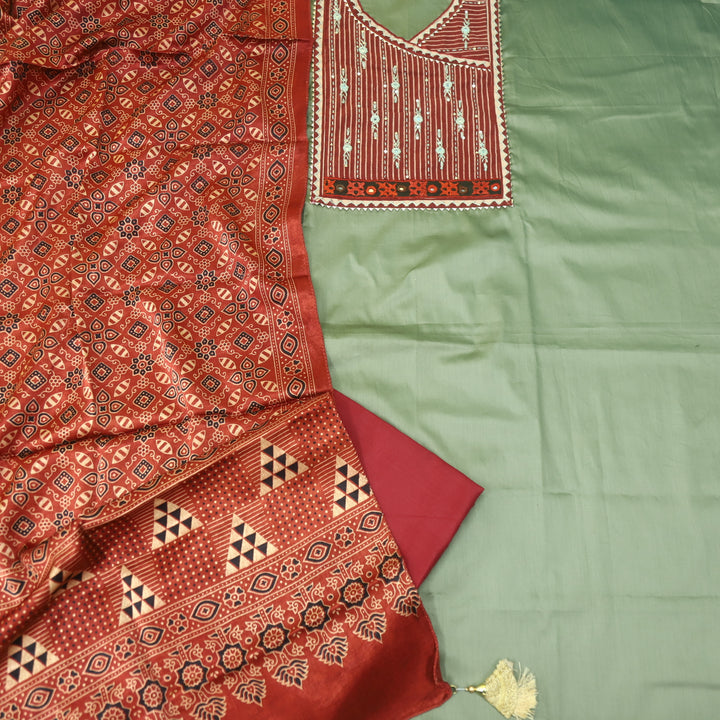 Noor Olive Green Glazed Cotton Top and Digital Printed Mashru Dupatta