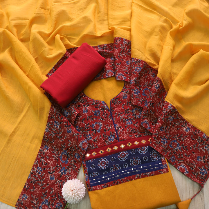 Rukshat Dijon Yellow Patch Neck with Mirror Work Cotton Flex Suit Set