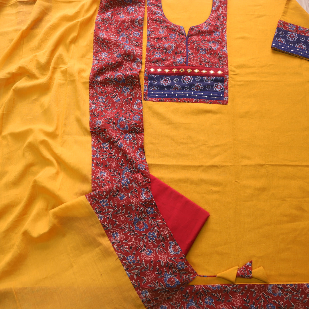 Rukshat Dijon Yellow Patch Neck with Mirror Work Cotton Flex Suit Set