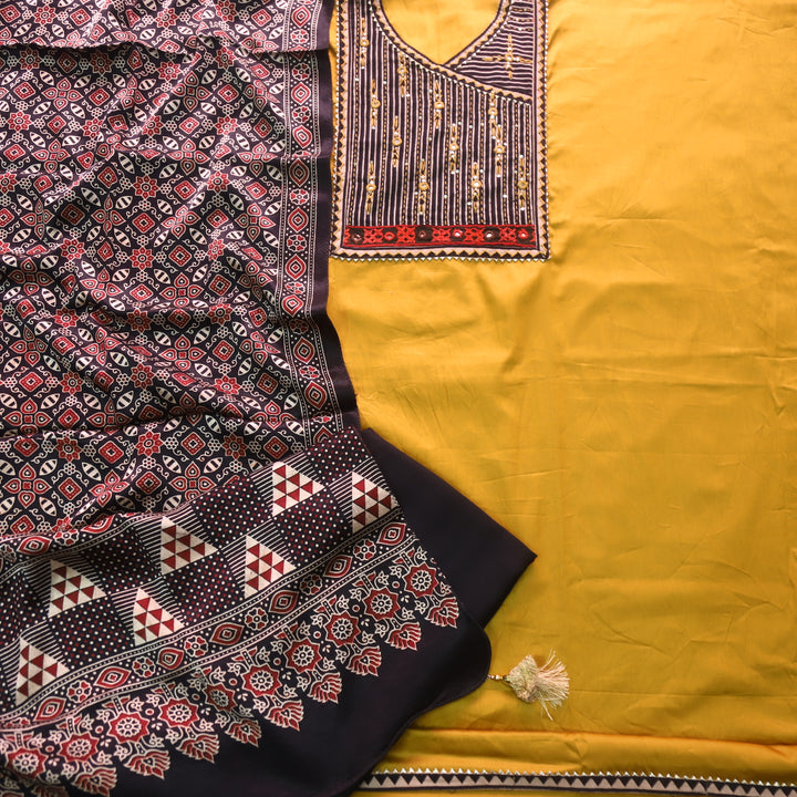 Noor Corn Yellow Glazed Cotton Top and Digital Printed Mashru Dupatta