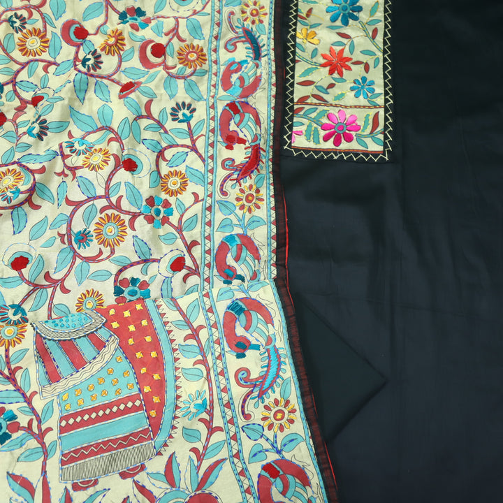 Pankhudi Deep Black Phulkari Work Jam Cotton Top With Art Silk Dupatta