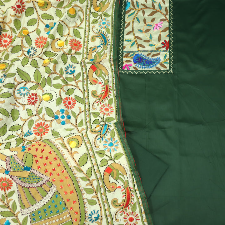 Pankhudi Green Phulkari Work Jam Cotton Top With Art Silk Dupatta