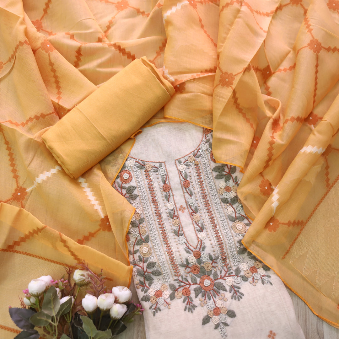 Jamdani Tangerine Orange Thread Embroidery Neck Work Jamdani Suit Set