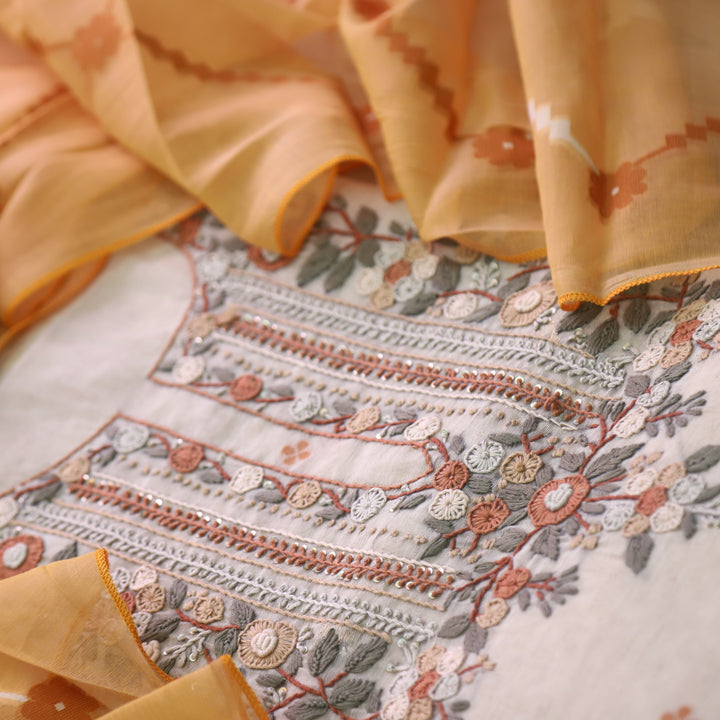 Jamdani Tangerine Orange Thread Embroidery Neck Work Jamdani Suit Set