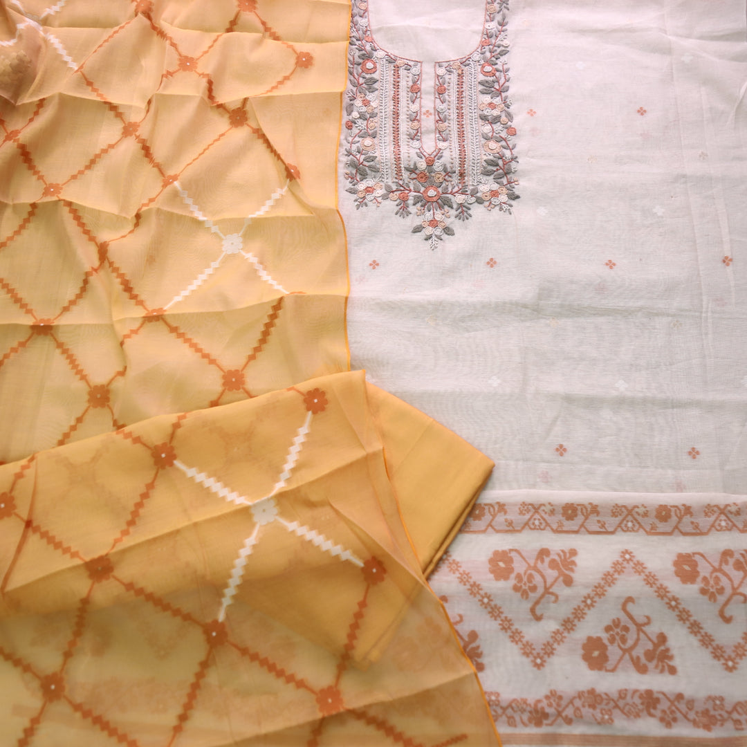 Jamdani Tangerine Orange Thread Embroidery Neck Work Jamdani Suit Set