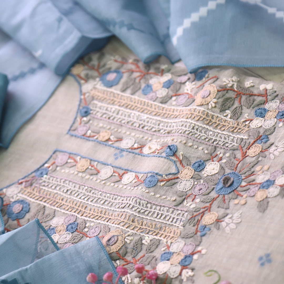Jamdani Sapphire Blue Thread Embroidery Neck Work Jamdani Suit Set