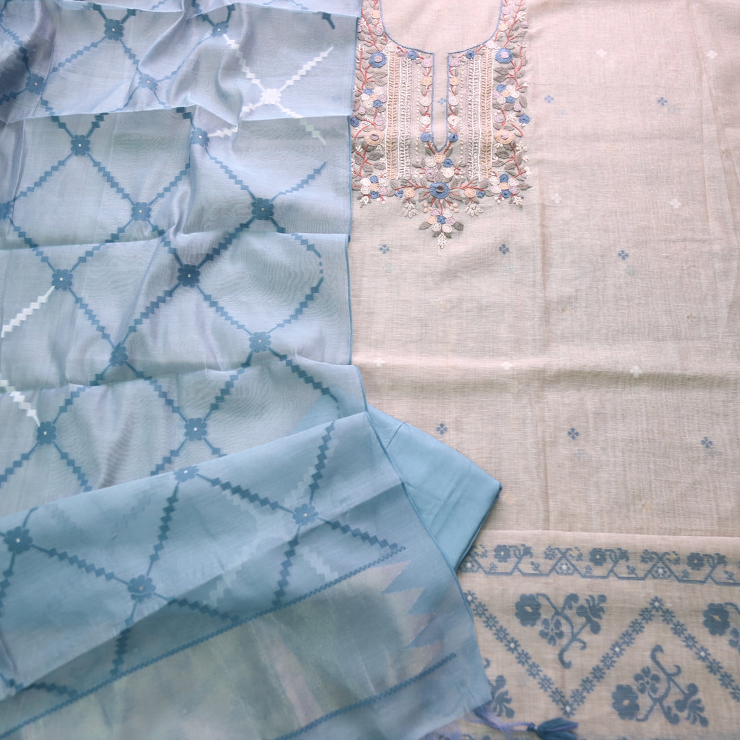 Jamdani Sapphire Blue Thread Embroidery Neck Work Jamdani Suit Set