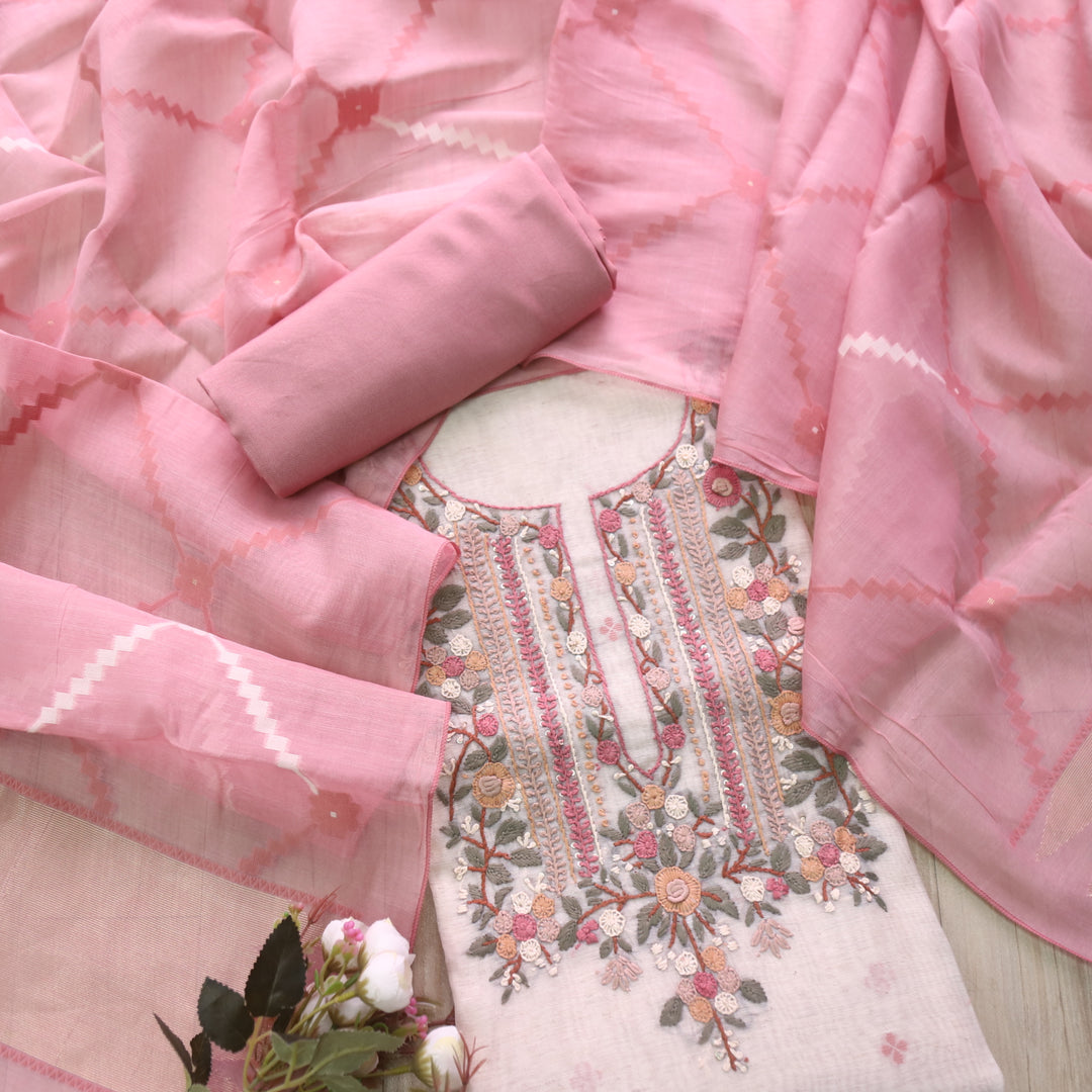 Jamdani Rouge Pink Thread Embroidery Neck Work Jamdani Suit Set