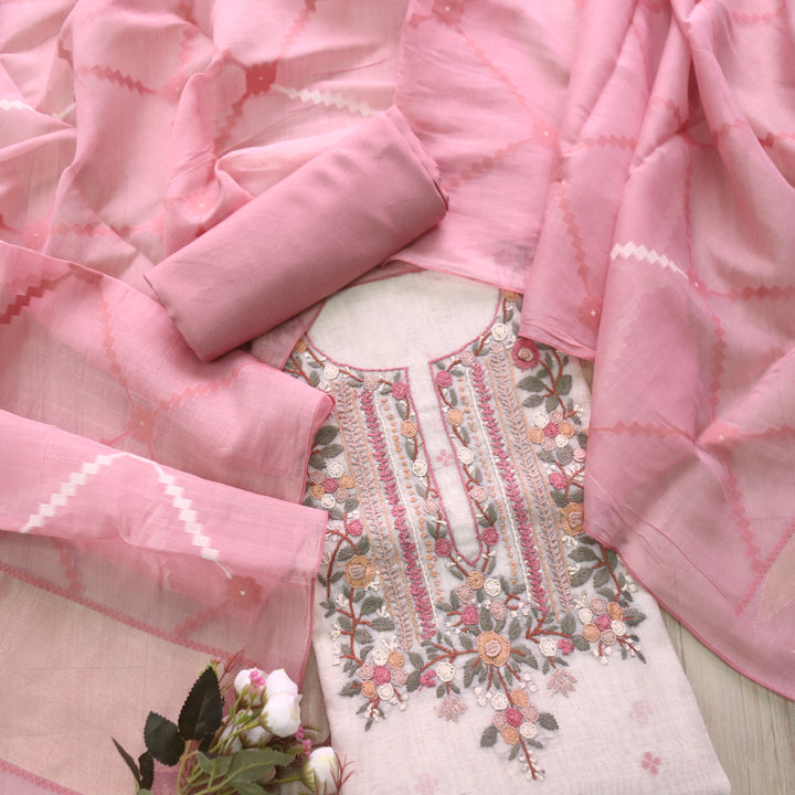 Jamdani Rouge Pink Thread Embroidery Neck Work Jamdani Suit Set