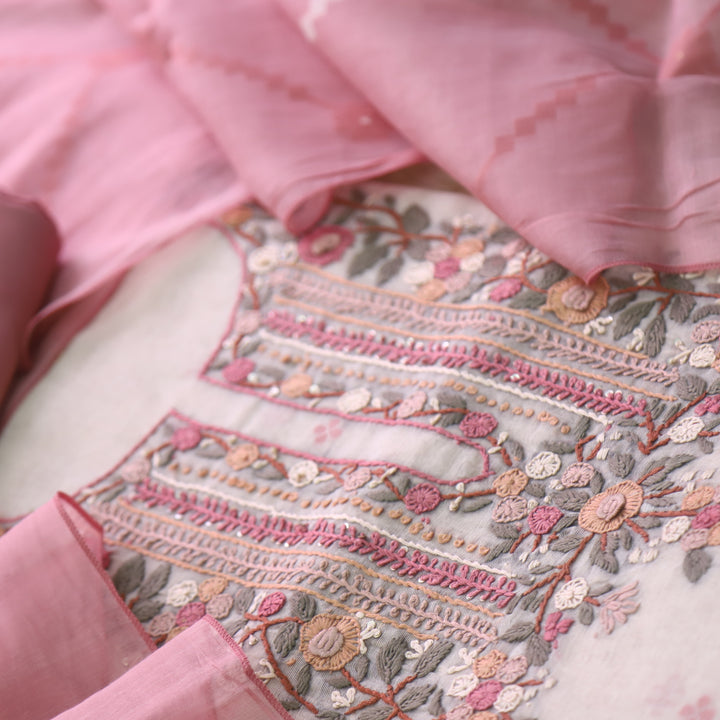 Jamdani Rouge Pink Thread Embroidery Neck Work Jamdani Suit Set