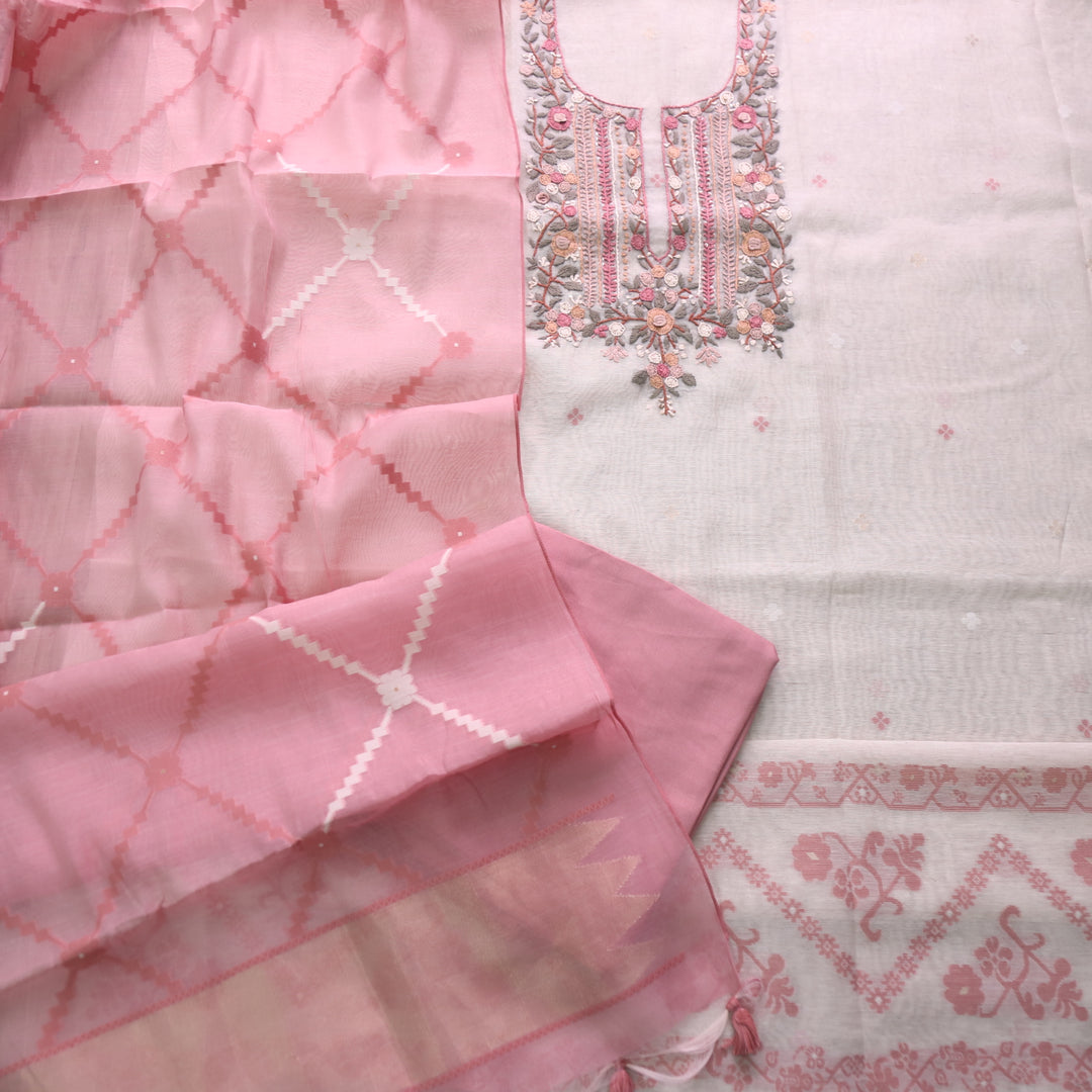 Jamdani Rouge Pink Thread Embroidery Neck Work Jamdani Suit Set