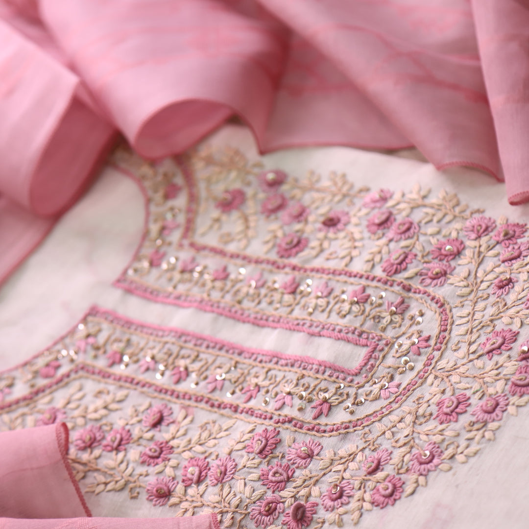 Jamdani Flamingo Pink Thread Embroidery Neck Work Jamdani Suit Set