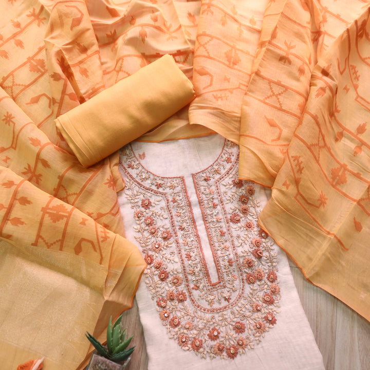 Jamdani Tangerine Orange Thread Embroidery Neck Work Jamdani Suit Set