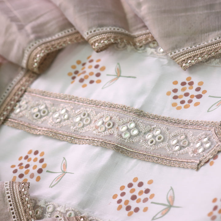 Lahori Cream White Lace Work Neck Pakistani Inspired Chanderi Suit Set D2