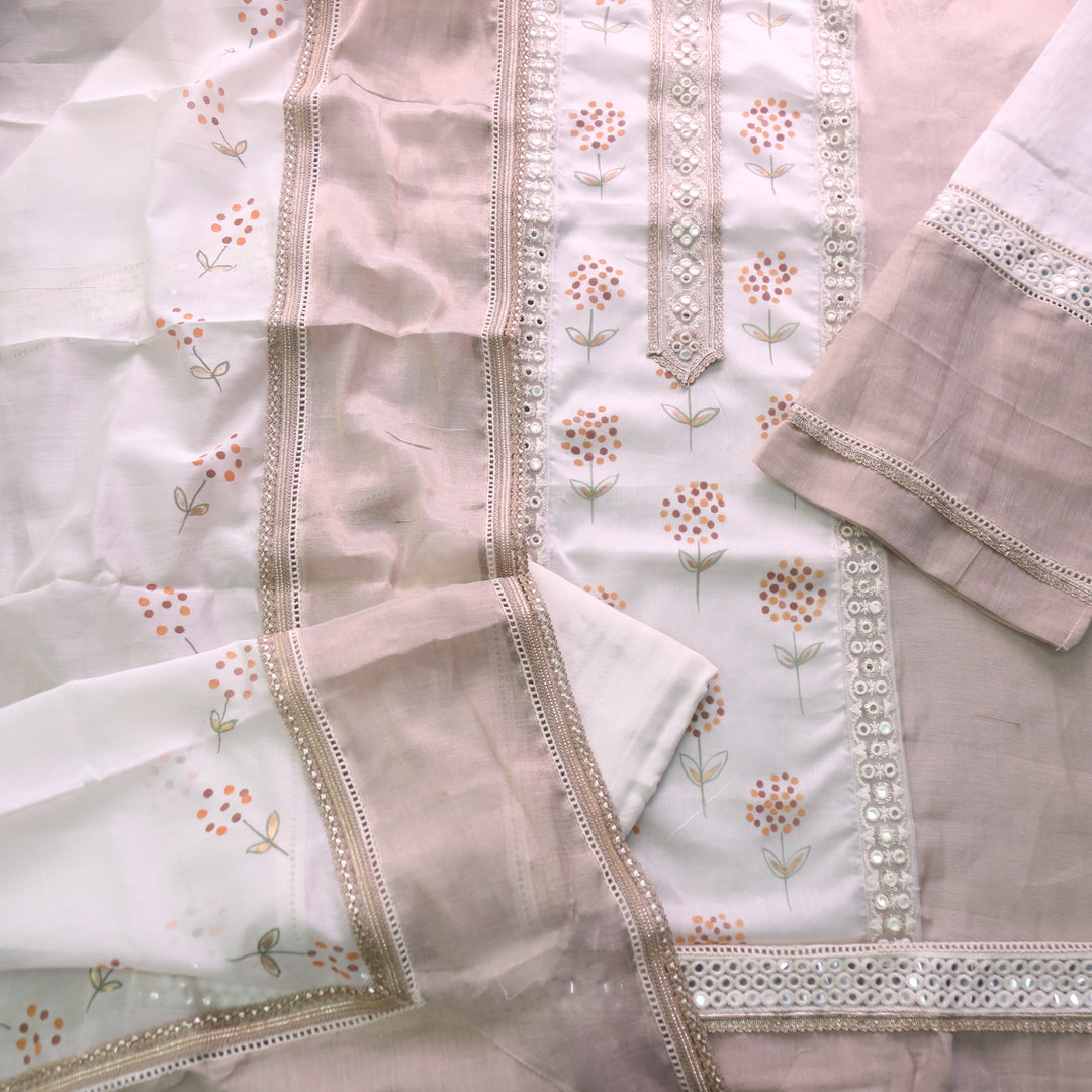 Lahori Cream White Lace Work Neck Pakistani Inspired Chanderi Suit Set D2